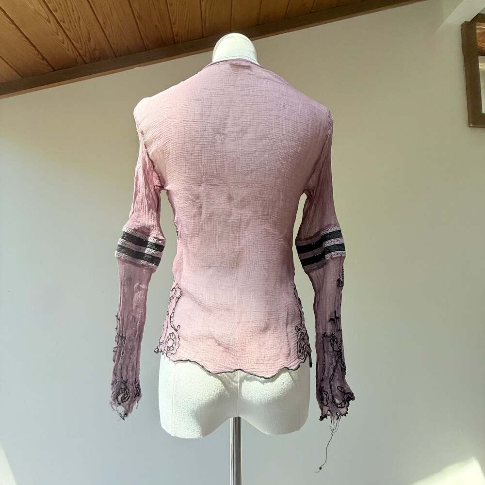 Vintage Age Mauve Sheer Crinkle Rayon Embroidered Boho Top - Picture 5 of 14